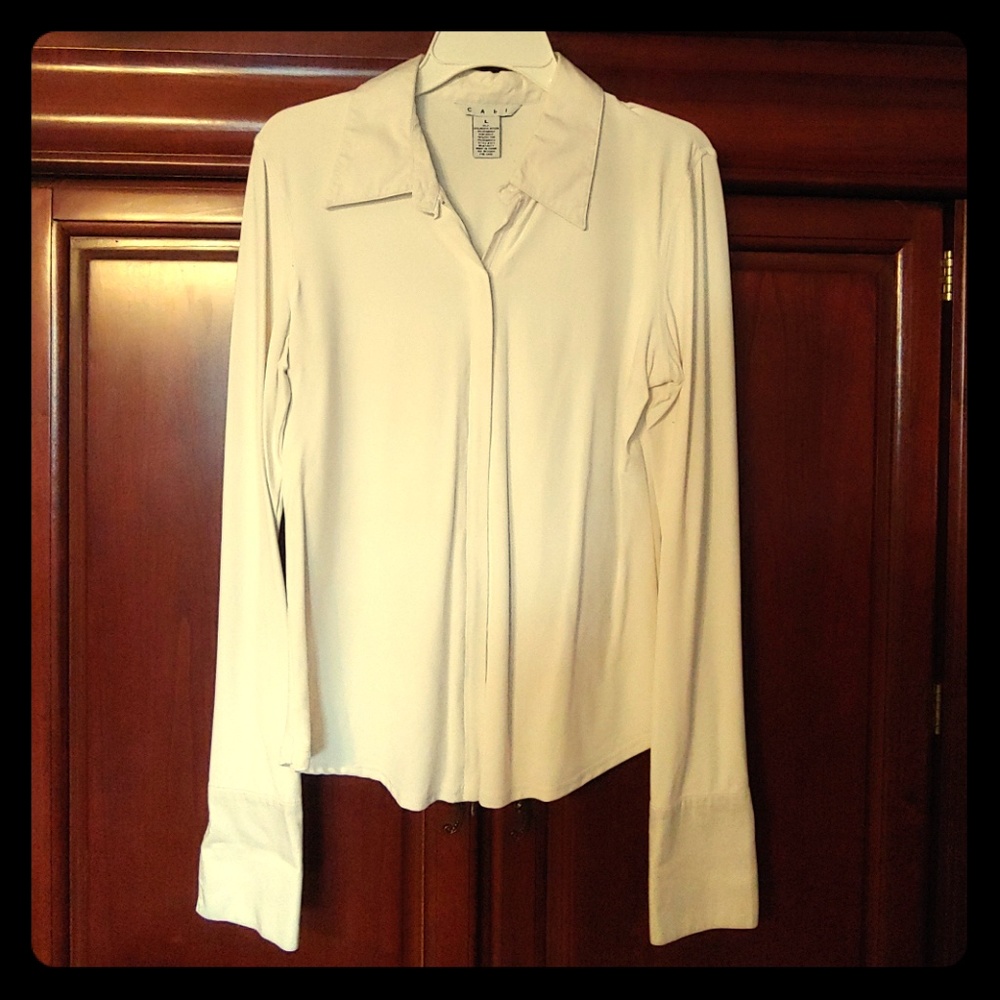 CAbi White Long Sleeve Dual Zipper Shirt Size L
